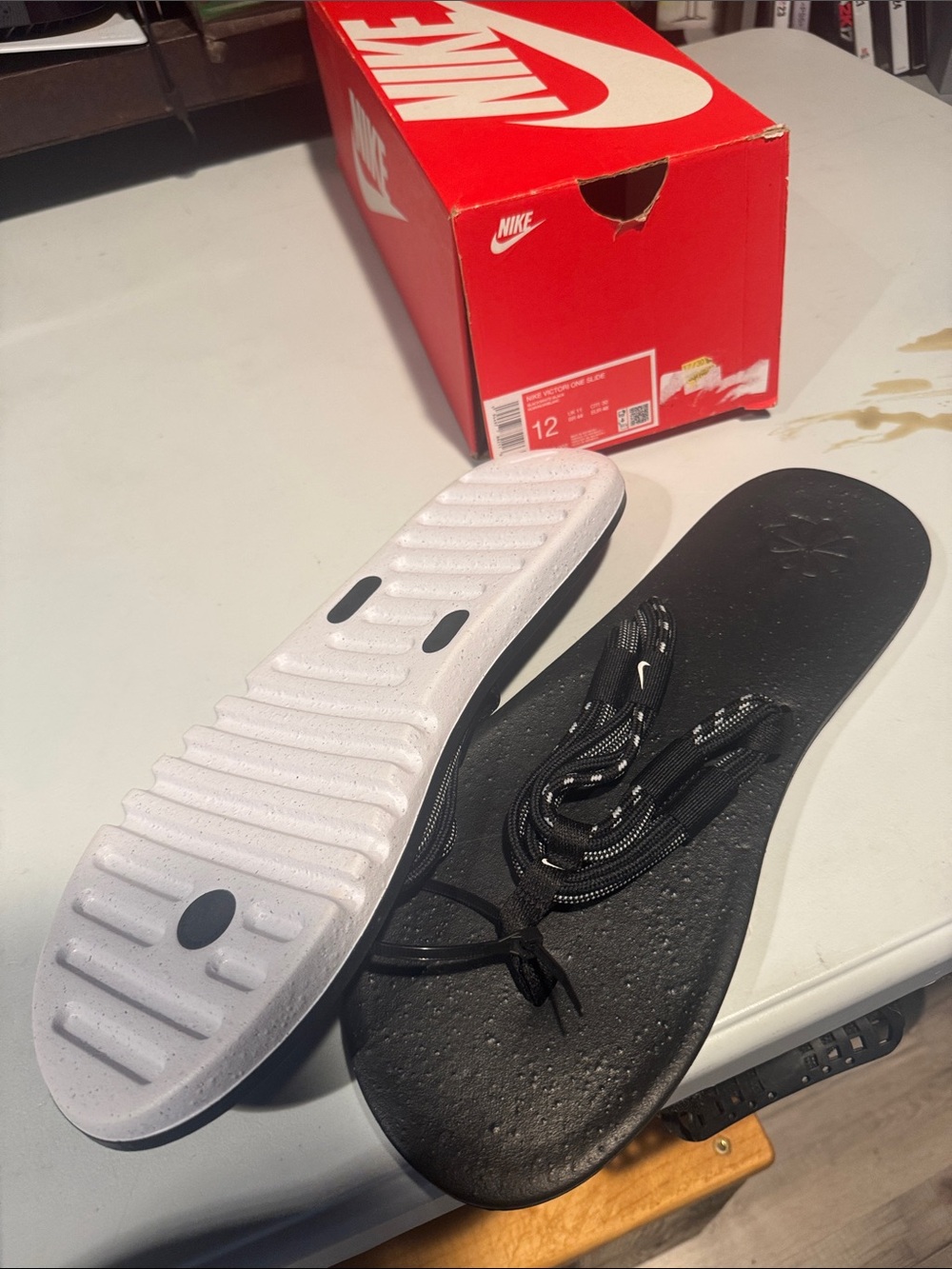Nike Victori one slide Black Footbed Sandals with White Sole and Black Laces